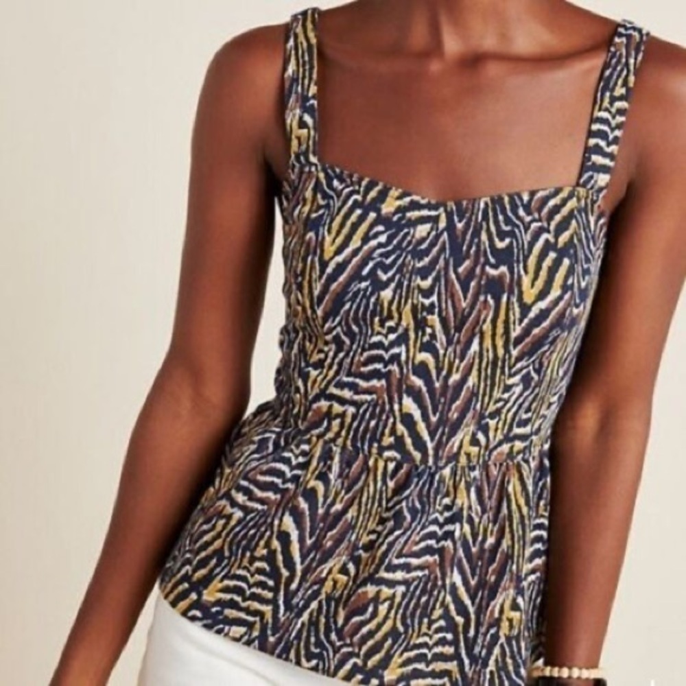 Anthropologie Jaime Blue and Yellow Zebra Peplum Tank Top Medium